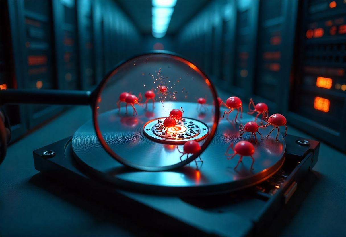 A self-operating data scrubbing program depicted as a swarm of tiny, digital robots deduplicating and enriching corrupted data files on a computer screen, viewed through a magnifying glass.