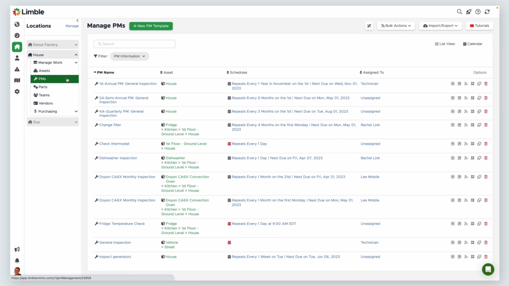 Illustration of Limble CMMS dashboard showing preventive maintenance schedules, assigned assets, due dates, and technician assignments in a list view.