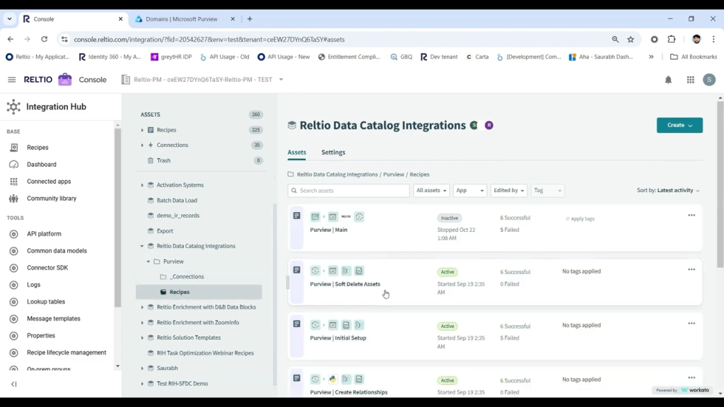 this image showcases interface displaying “Reltio Data Catalog Integrations.” The UI shows multiple integration recipes such as “Soft Delete Assets,” “Initial Setup,” and “Create Relationships,” with status indicators (active/inactive), success/failure counts, and last activity details.