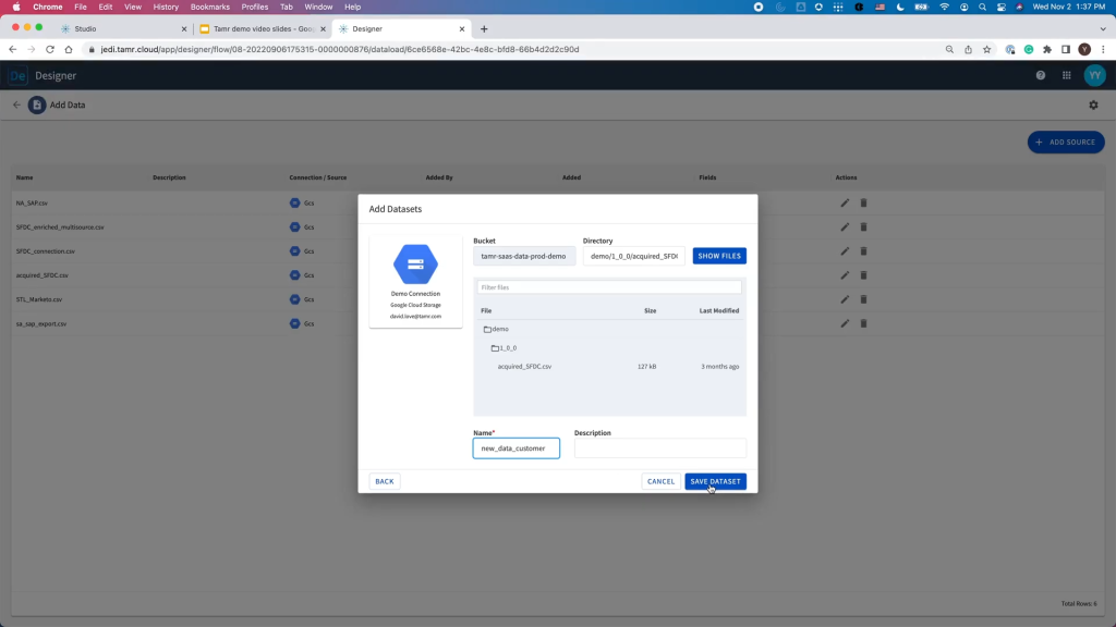 customer data management interface showing the process of adding a new dataset. A modal window titled "Add Datasets" displays options for selecting a file from Google Cloud Storage, with fields for naming and describing the dataset