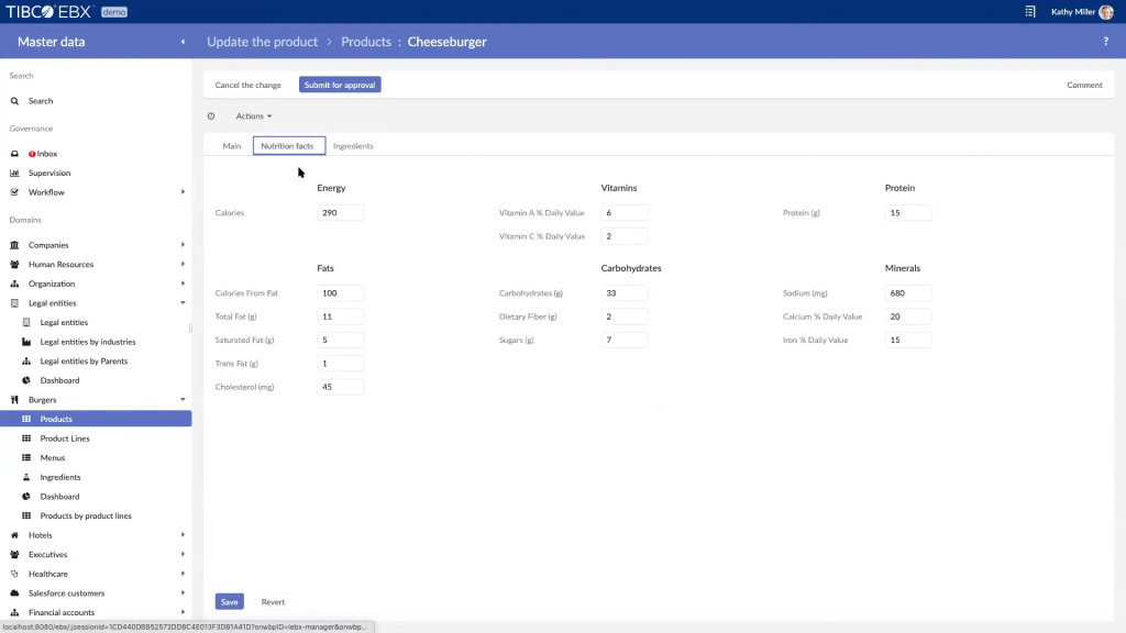 Image of TIBCO EBX's master data management interface showing a product update screen for a cheeseburger. The interface displays editable nutritional information fields including calories, fats, protein, vitamins, minerals, and carbohydrates.
