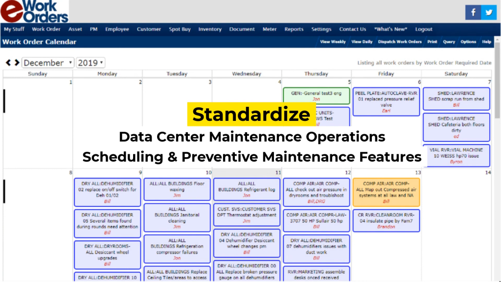Illustration of eWorkOrders work order calendar displaying scheduled maintenance tasks for a data center, highlighting preventive maintenance and scheduling features.