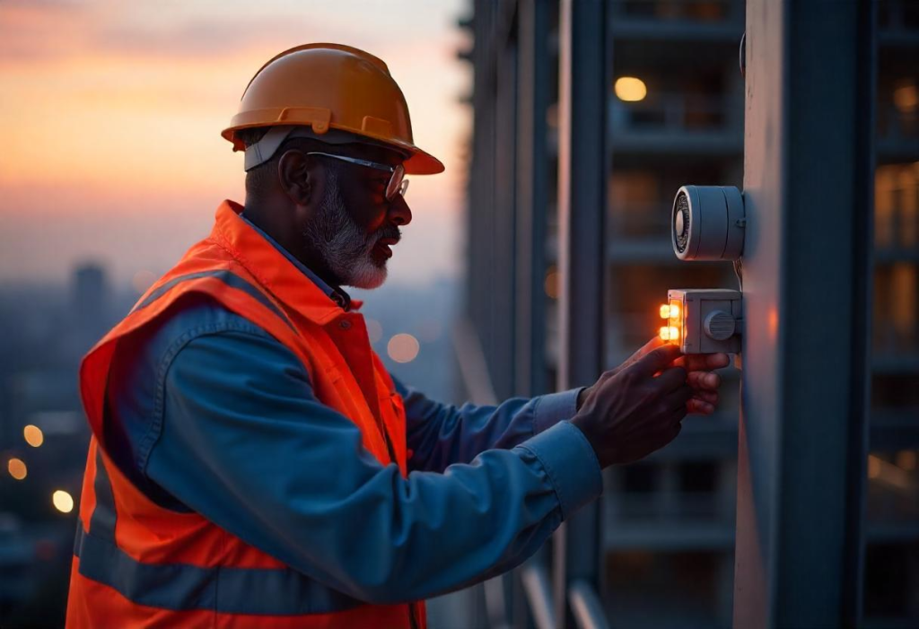 Industrial maintenance engineer monitoring equipment performance at a manufacturing facility