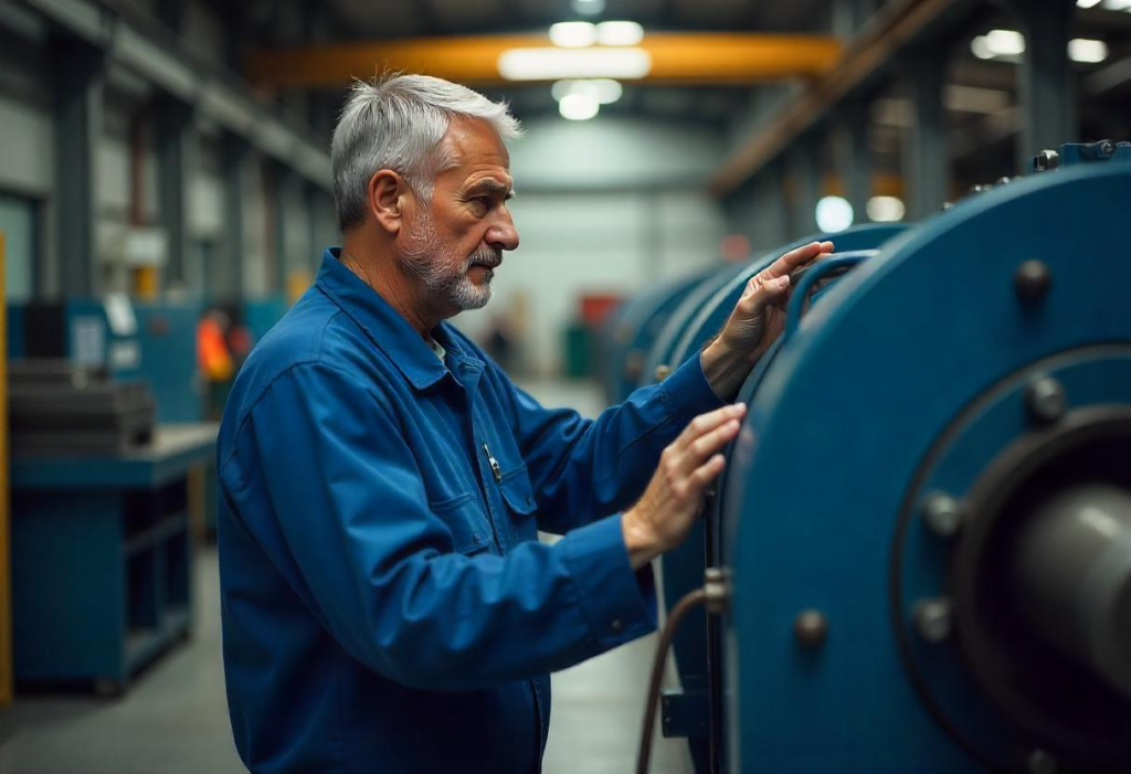 Maintenance technician inspecting industrial machinery for predictive MRO data optimization